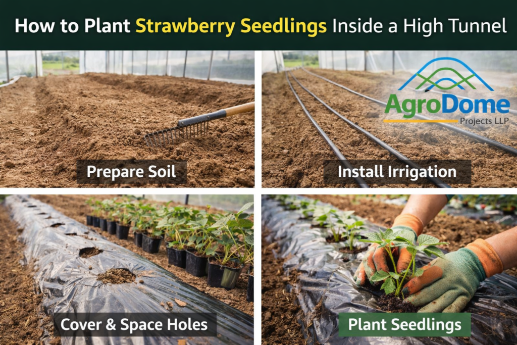 Strawberry yield improvement using protected tunnels, showing ripening stages and high-quality harvest baskets inside a high tunnel farming system.