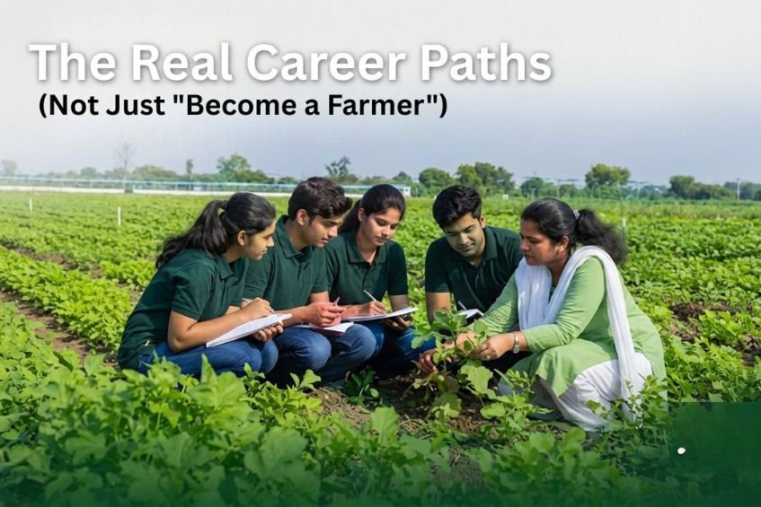 Agronomist mentoring students in a field, discussing career paths in protected cultivation and agriculture in India