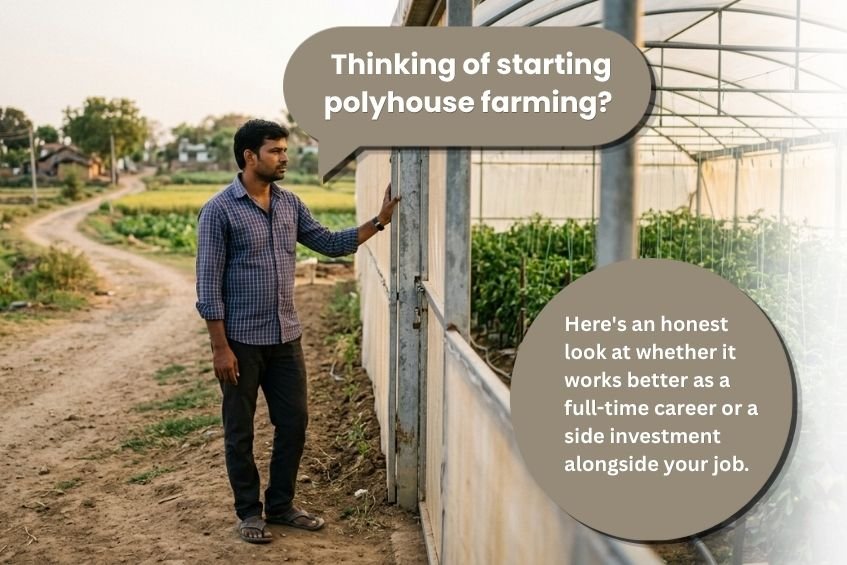 Farmer considering polyhouse farming business opportunity at greenhouse entrance in India