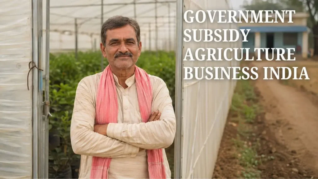 Farmer with government subsidy-supported polyhouse structure in India