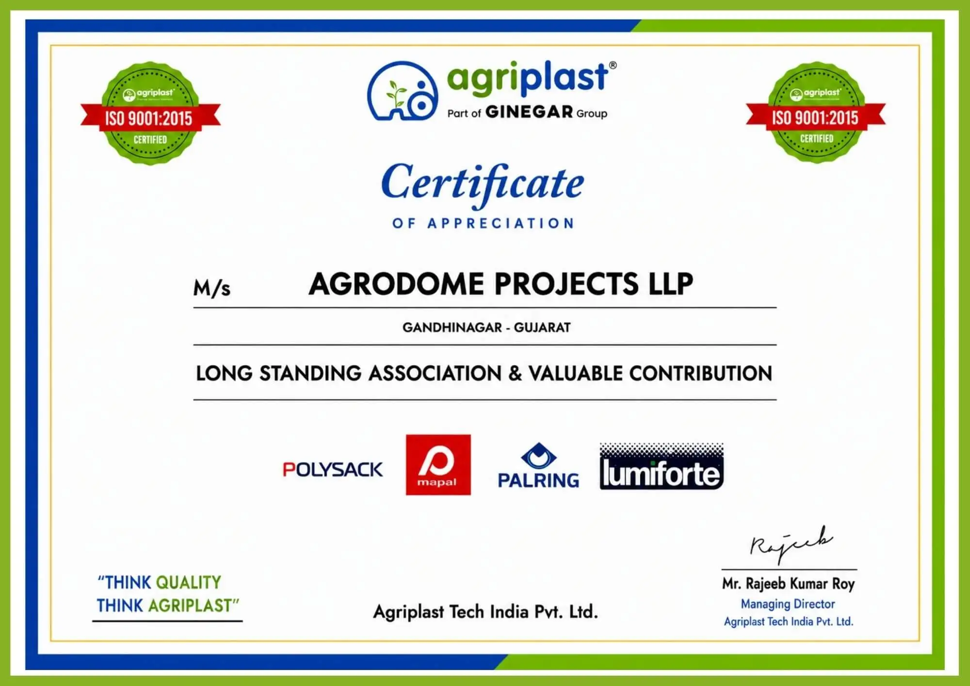 Agriplast appriciation certification