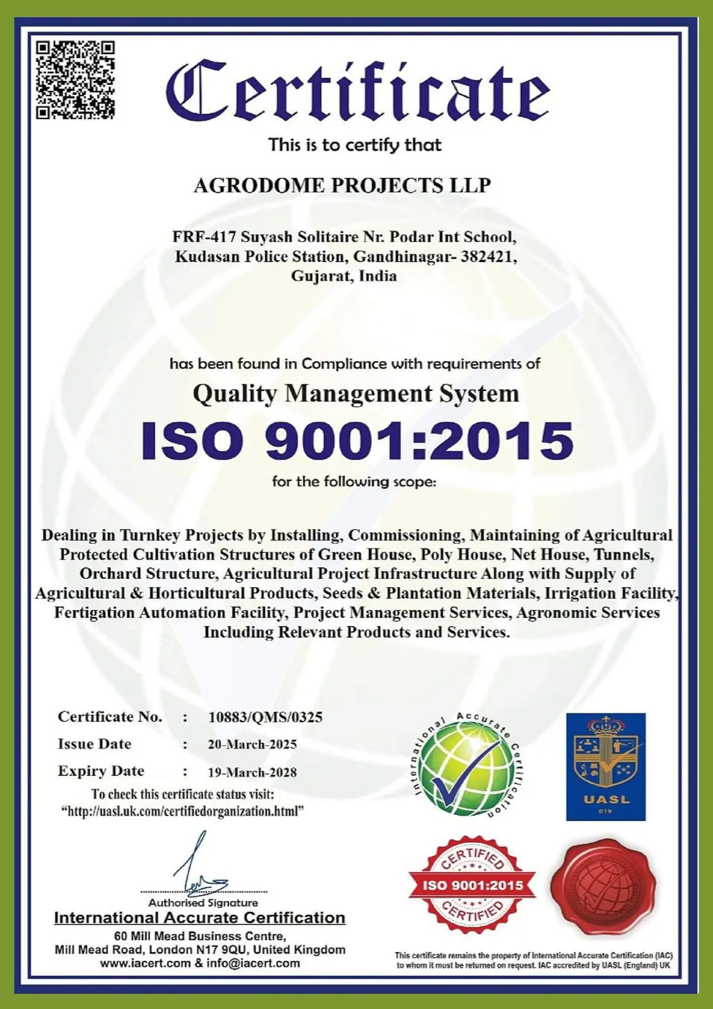 Agrodome ISO Certification