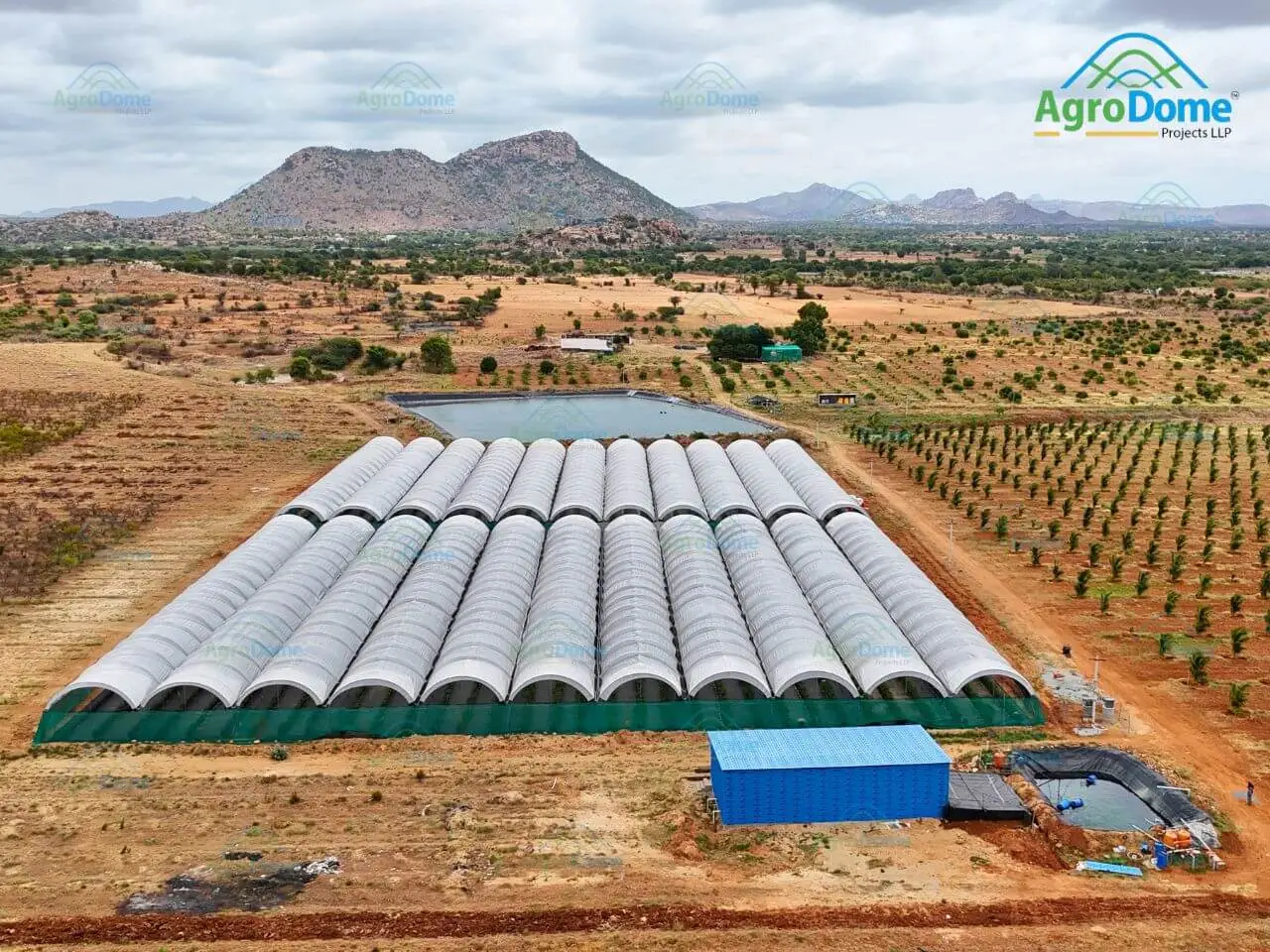 Large greenhouses with extensive piping situated in the center of a vast agricultural field.